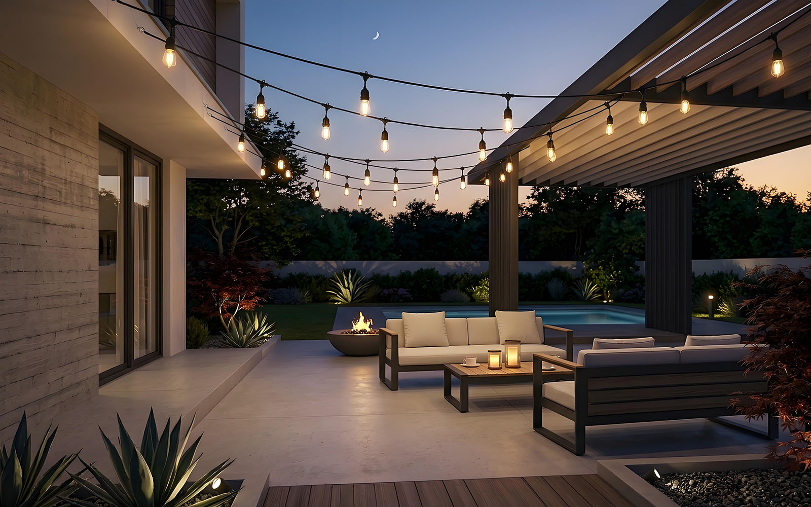 patio terrace String lights installed creating a warm and comfortable outdoor space