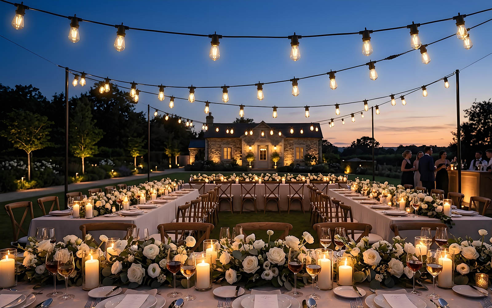 Outdoor string lights used for wedding decoration creating a romantic lighting setting