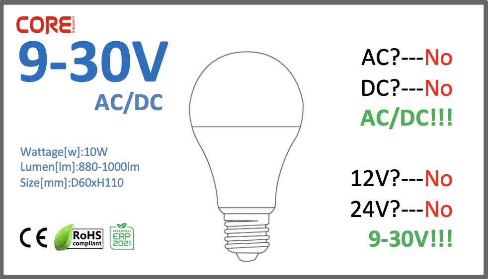 A60-WP6-10W 9-30V AC-DC E27 led bulb 