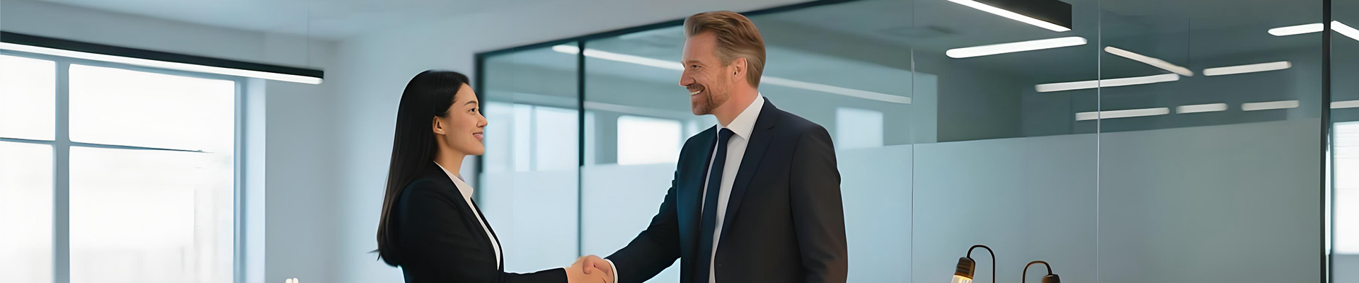 Business meeting in a conference room with a sales representative shaking hands with a client.