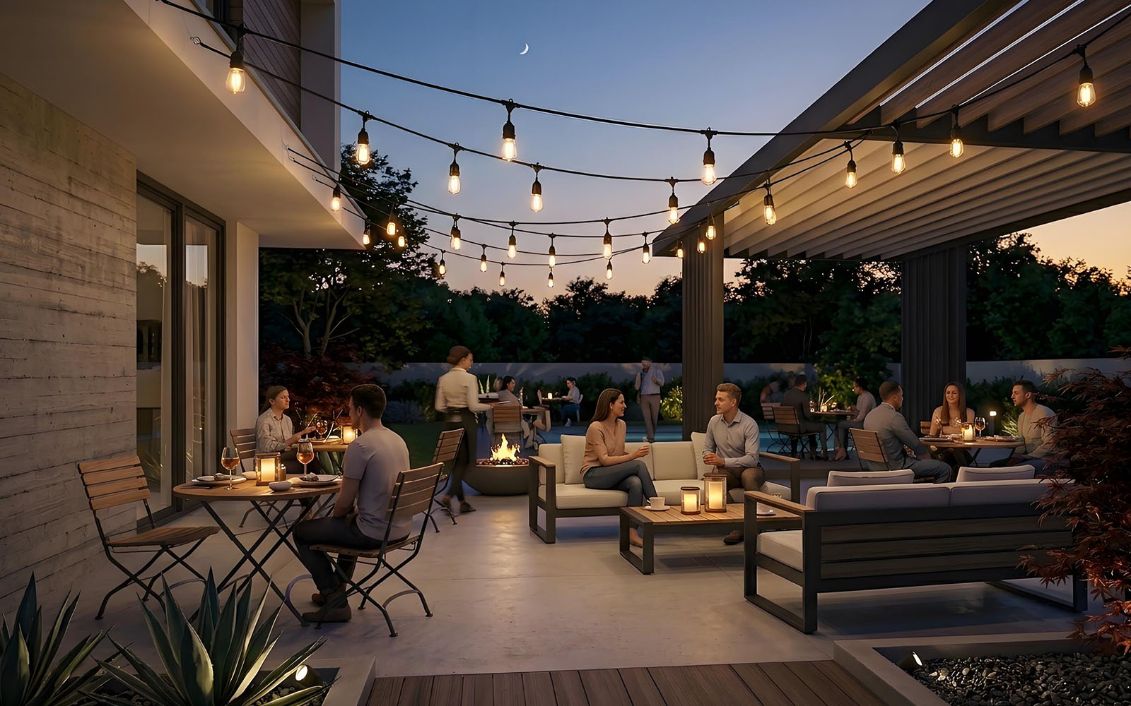 restaurant and café environment Outdoor string lights creating a cozy atmosphere