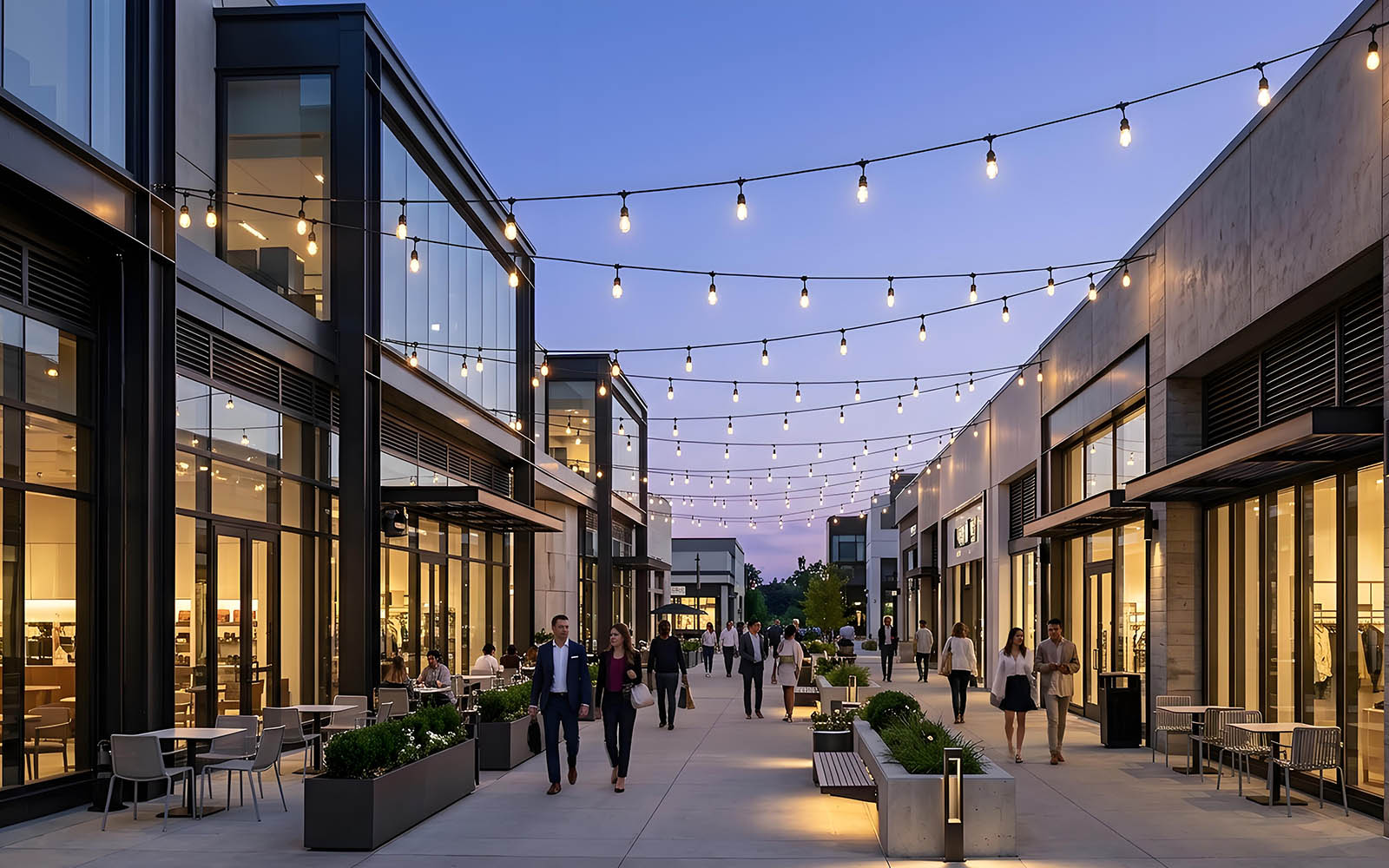 commercial space Outdoor string lights installed for functional and decorative lighting