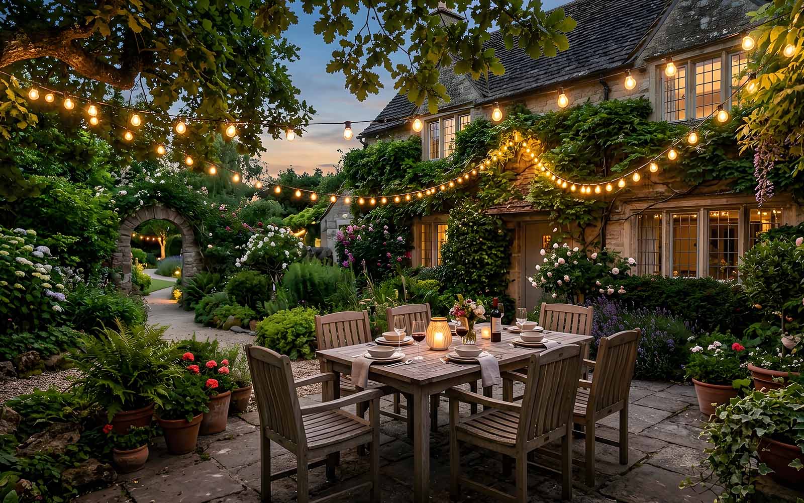 garden backyard Outdoor string lights used setting with warm lighting atmosphere