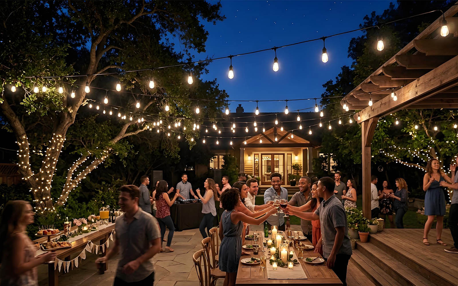 Decorative outdoor string lights used for event and party lighting at night